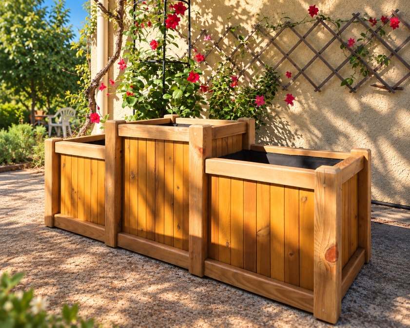 Wooden raised garden planters ready for vegetables to plant in October in Southern France