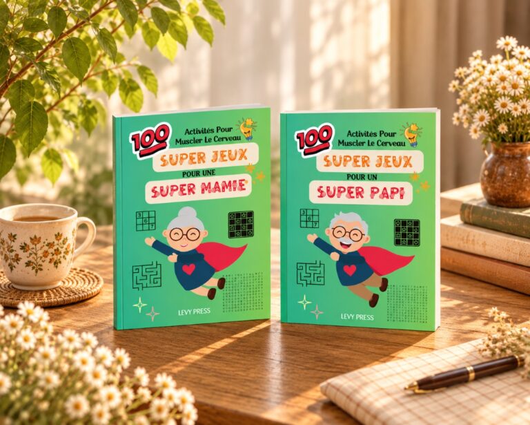 Super Mamie and Super Papi puzzle books featuring brain activities for seniors, published by Levy Press