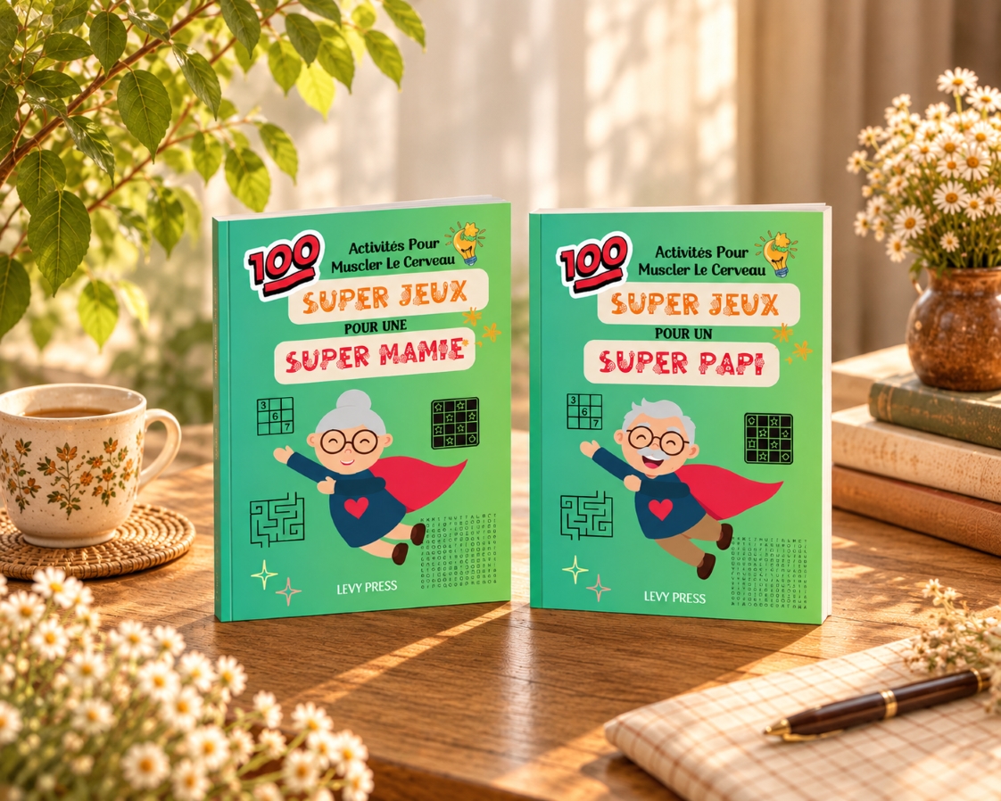 Super Mamie and Super Papi puzzle books featuring brain activities for seniors, published by Levy Press
