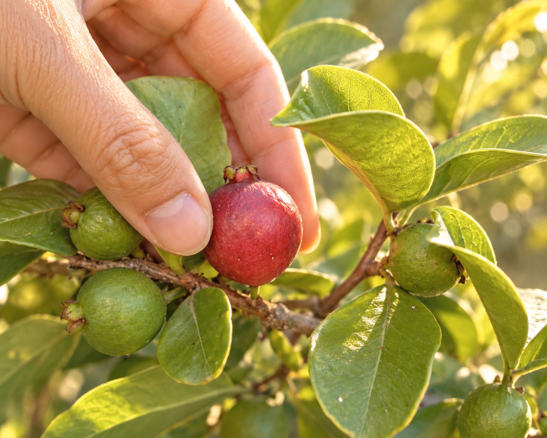 Freshly harvested guavas from a Brazilian guava variety grown in Provence, France