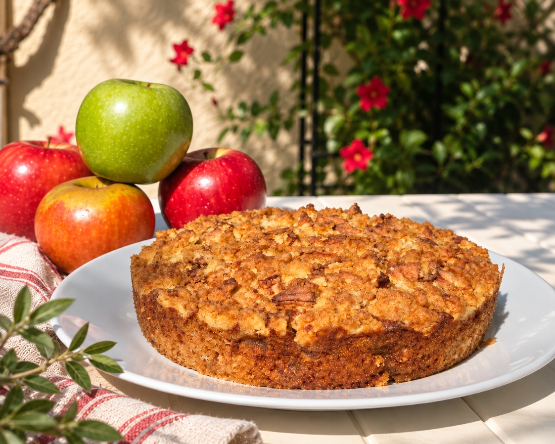 Homemade apple cake with a golden crunchy topping on a white plate, surrounded by fresh apples in the garden