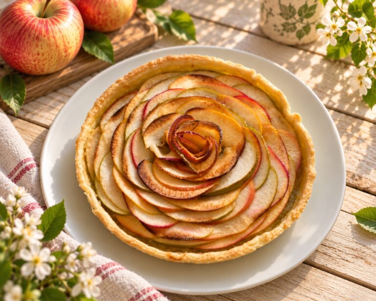 Homemade apple rose tart with thinly sliced apples arranged into a rose on a golden buttery pastry crust